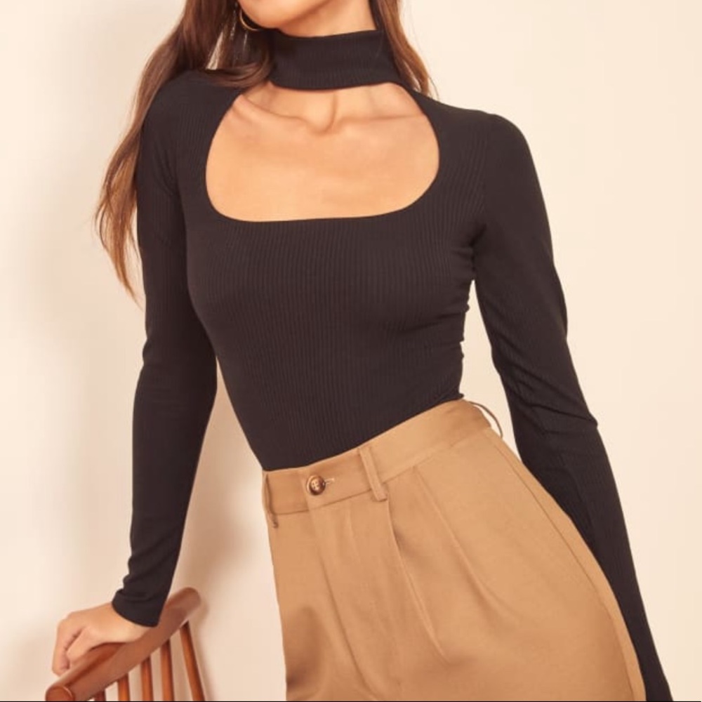 Reformation Black Long-Sleeve Cutout Ribbed Bodysuit